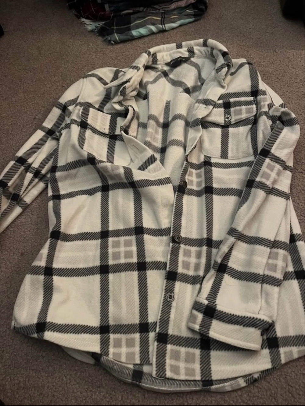 Eddie Bauer Cream and Black Plaid Button-Down Shacket